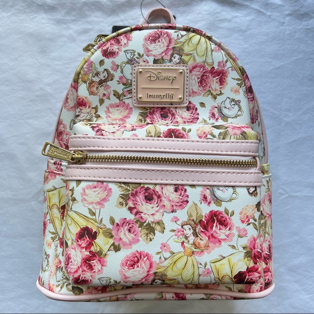NWT Disney Loungefly Beauty and the Beast Floral Print Mini Backpack - Picture 1 of 6
